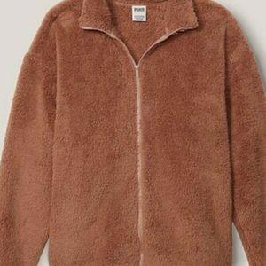 NWT VICTORIA'S SECRET PINK TEDDY FULL ZIP SHERPA JACKET in STUCCO BEIGE XXL